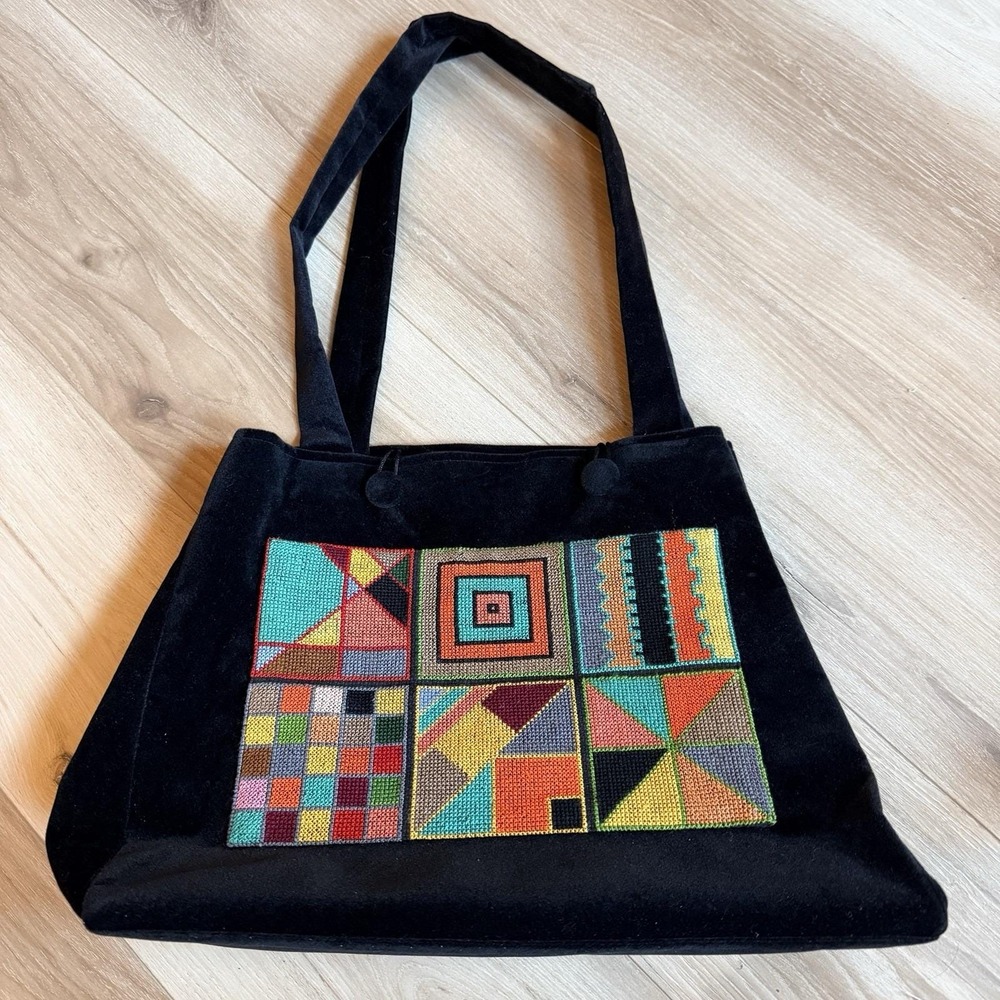 Black Velvet Tote Bag Embroidered Multicolored Geometric Shapes Button Closure